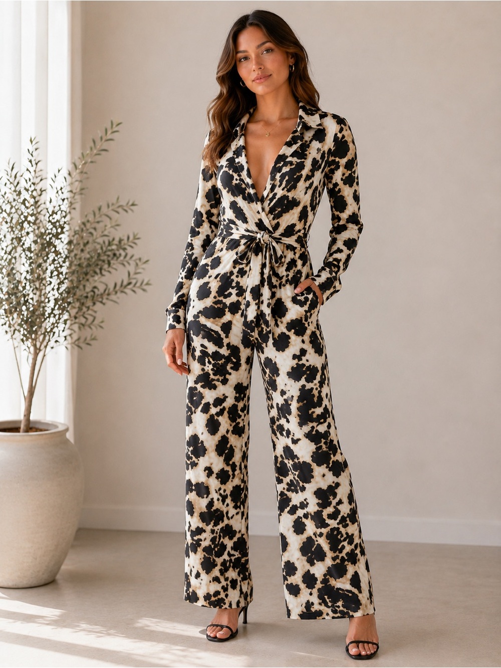 Fashion Nova Animal Print Long Sleeve Tie Front Jumpsuit